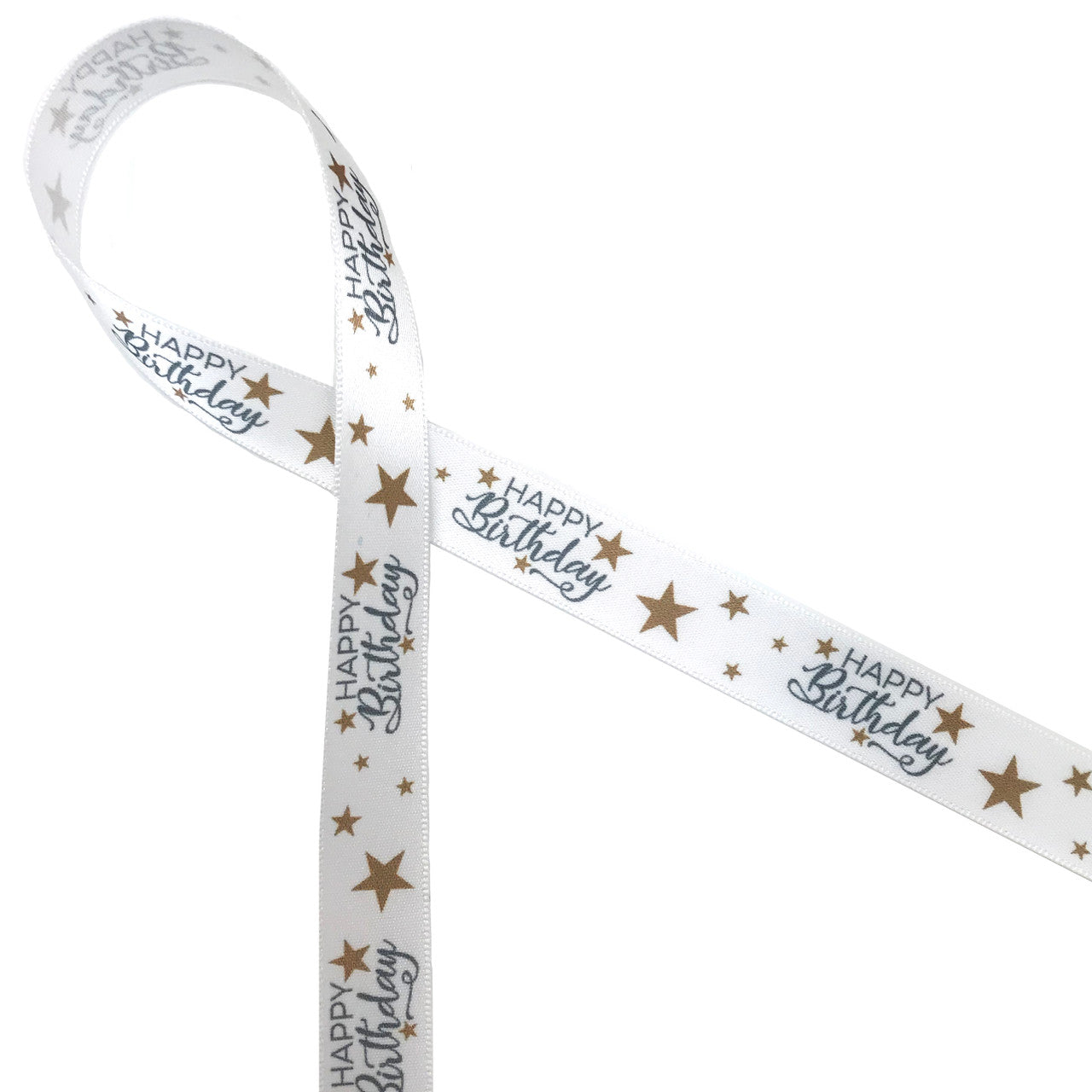 Happy Birthday ribbon printed in silver ink and gold stars on 5/8 white  single face satin